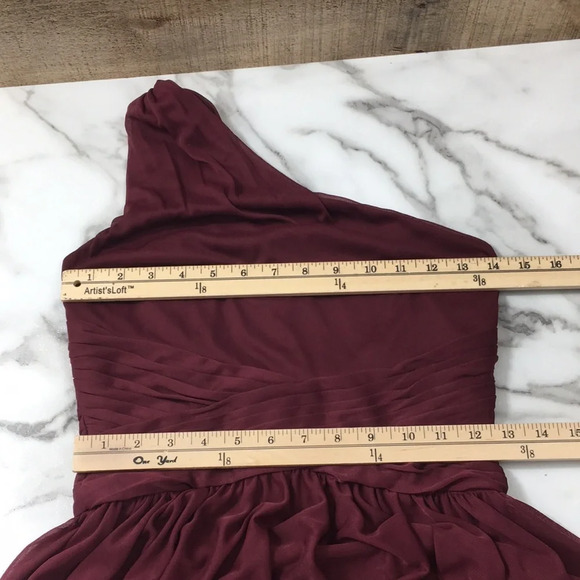 Davids Bridal One Shoulder Mesh Bridesmaid Dress Womens 4 Long Gown Wine Red - Picture 9 of 11